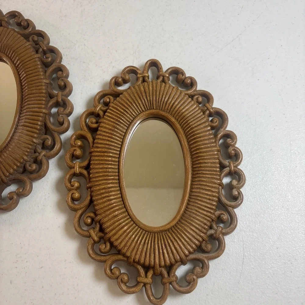VINTAGE PR HOMCO BROWN RATTAN WICKER SMALL ACCENT MIRRORS 2615 9.5